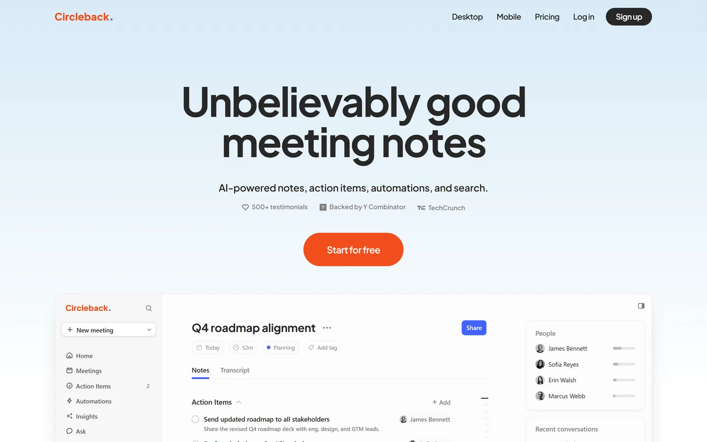 Circleback homepage — AI notetaker with automatic action items