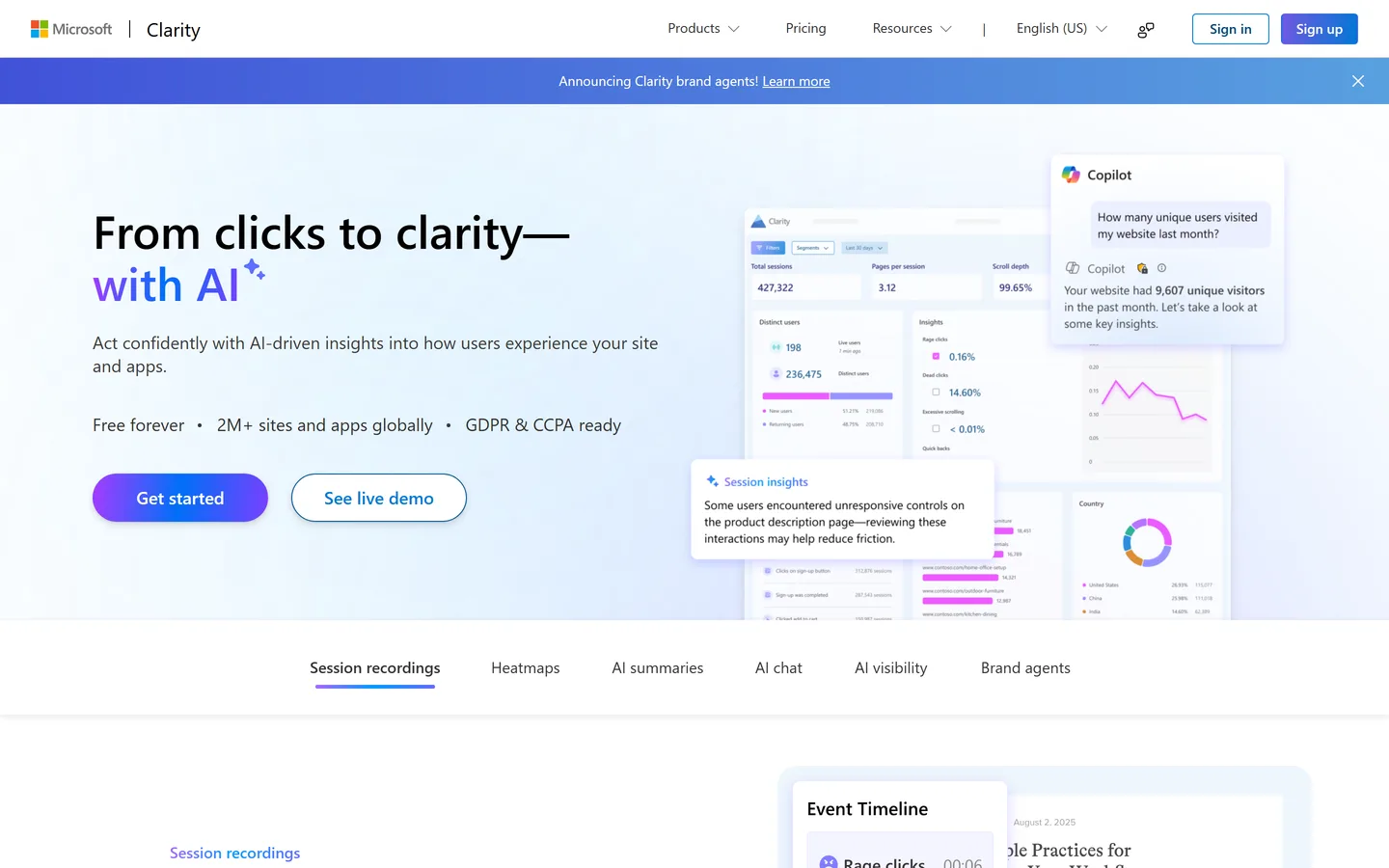 Microsoft Clarity homepage — free session recordings and heatmaps