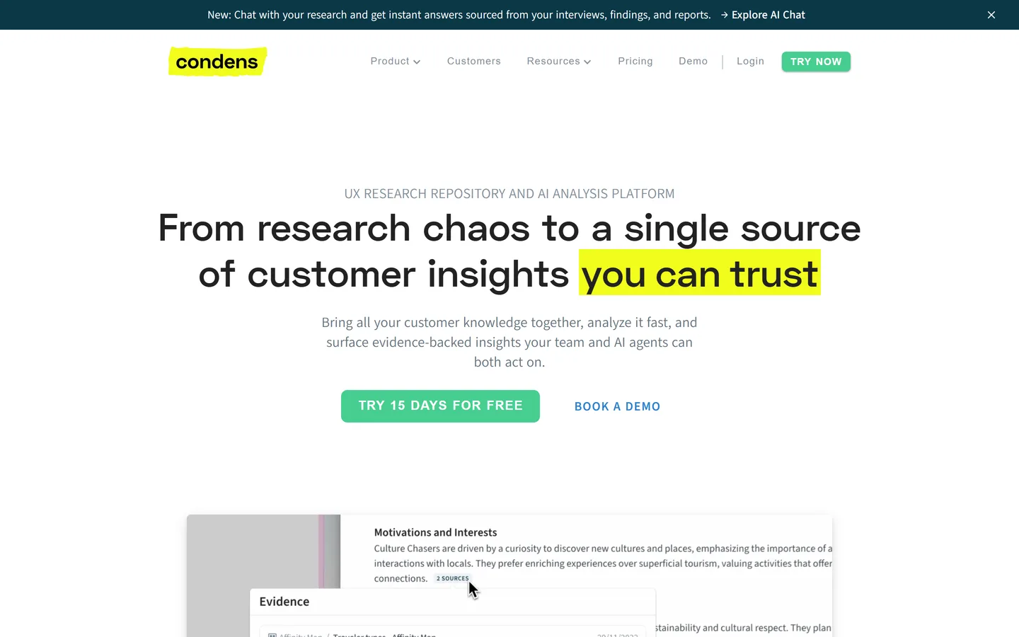 Condens homepage — research repository with participant attributes
