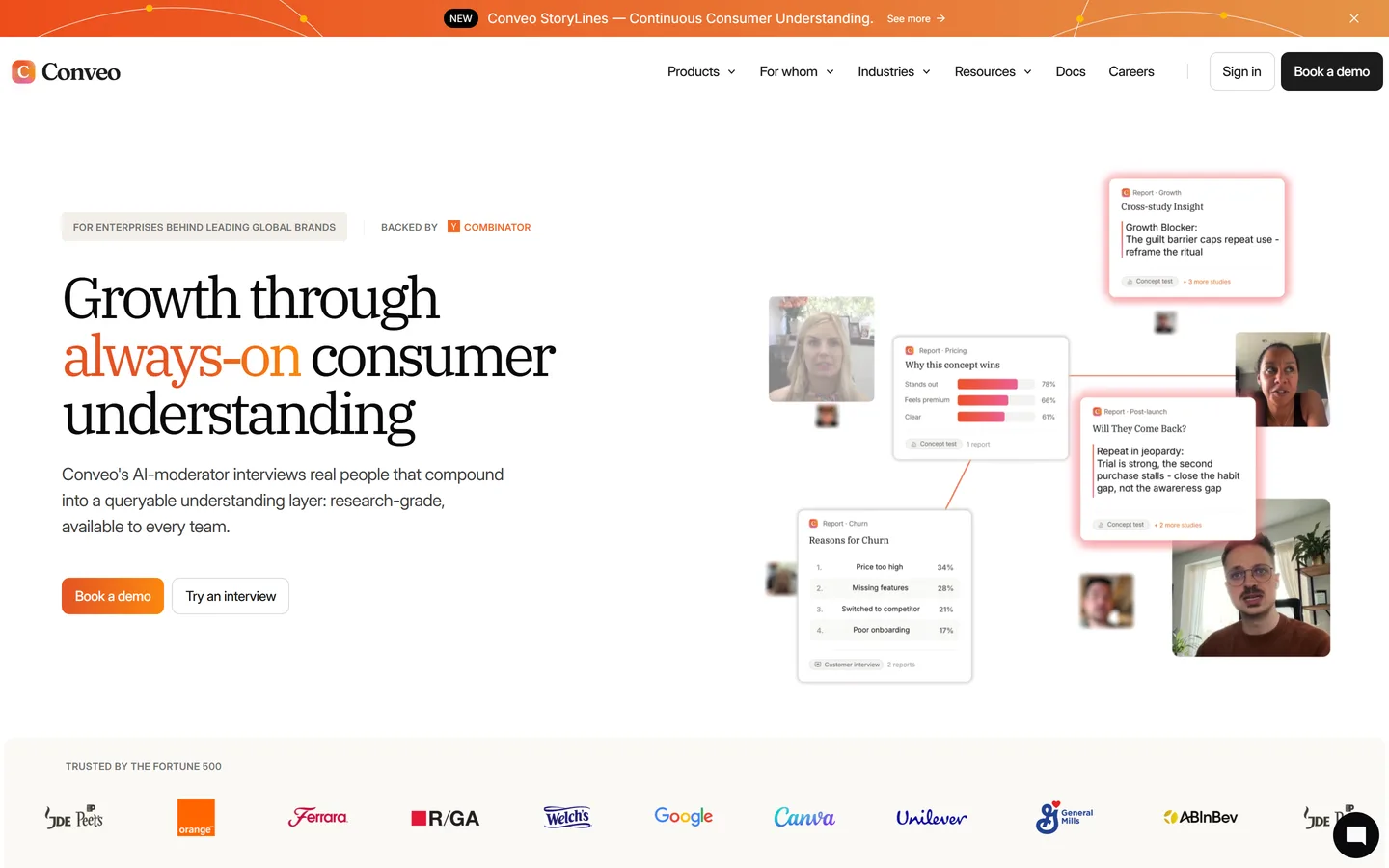 Conveo homepage — AI-moderated consumer interviews at scale