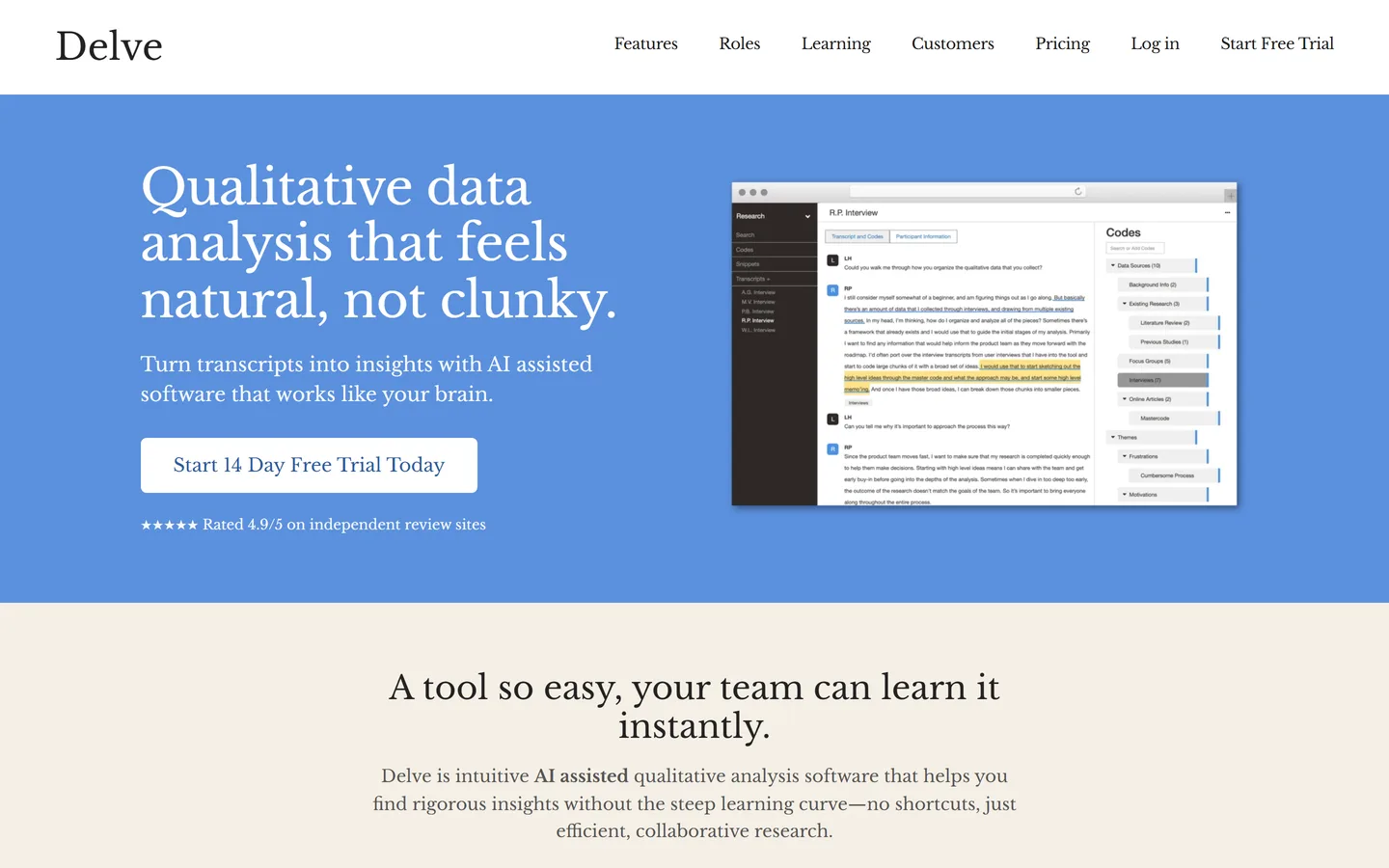 Delve homepage — qualitative data analysis and coding tool
