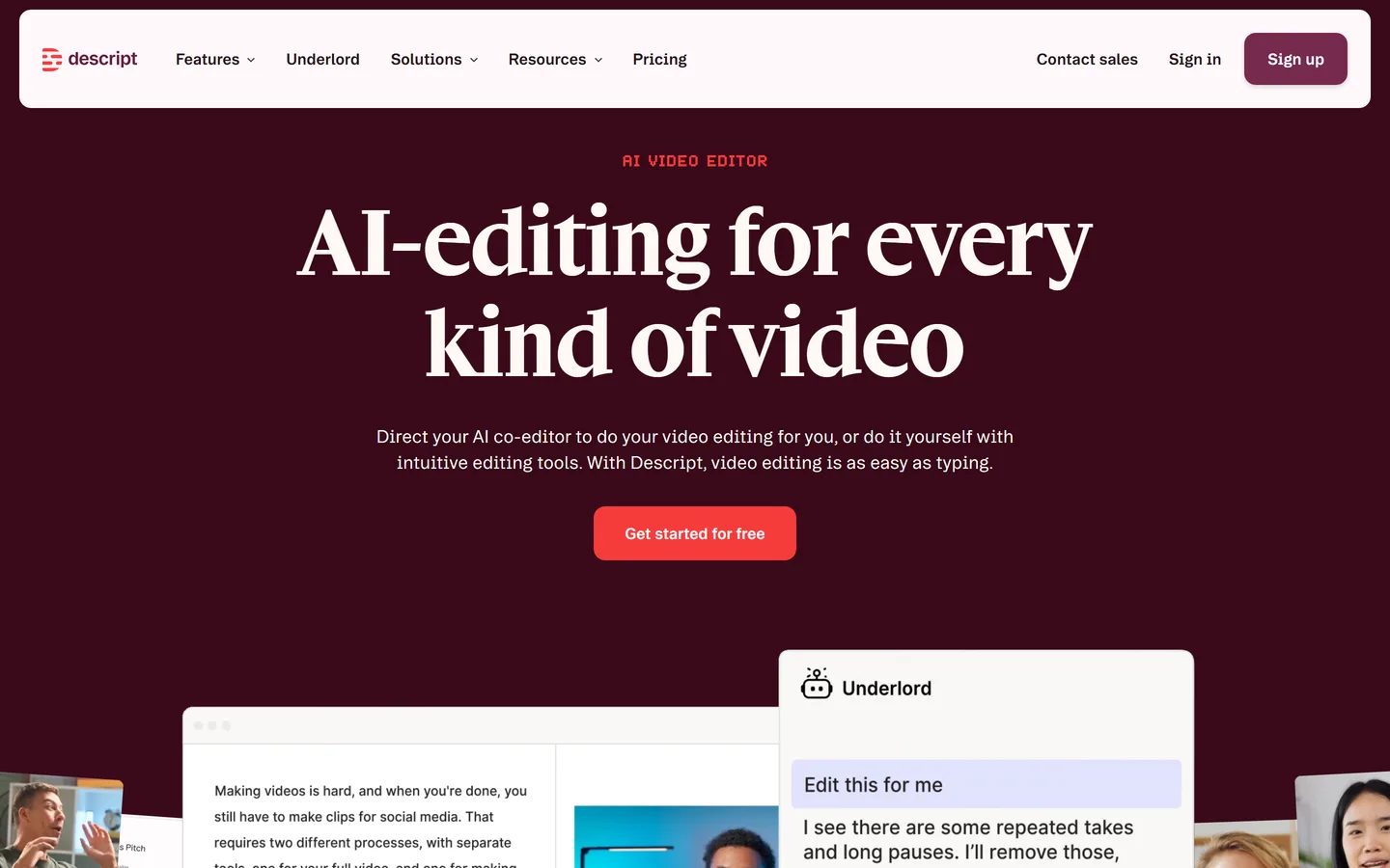 Descript homepage — edit audio and video by editing the transcript