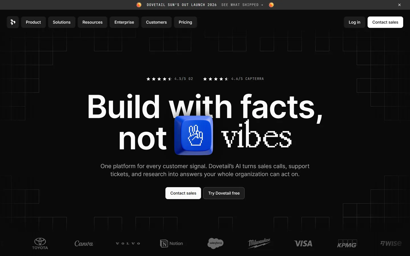 Dovetail homepage — research repository for building evidence-based personas