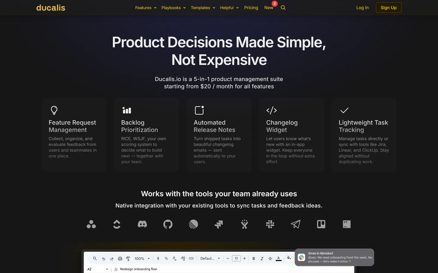 Ducalis homepage — collaborative feature prioritization and scoring