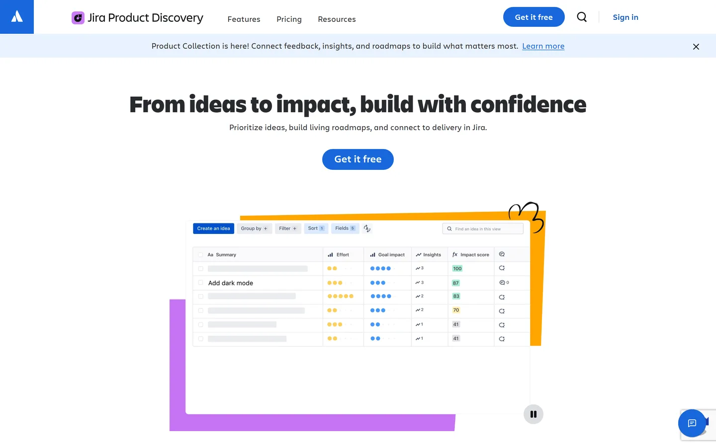 Jira Product Discovery homepage — idea scoring connected to Jira delivery