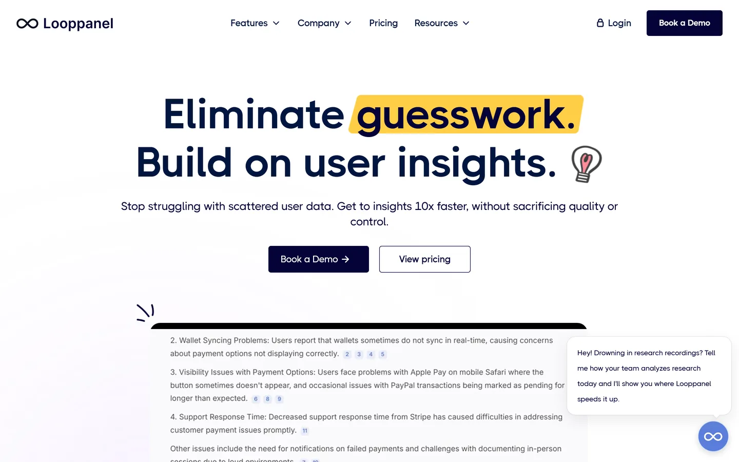 Looppanel homepage — AI notetaker and analysis tool for user research calls