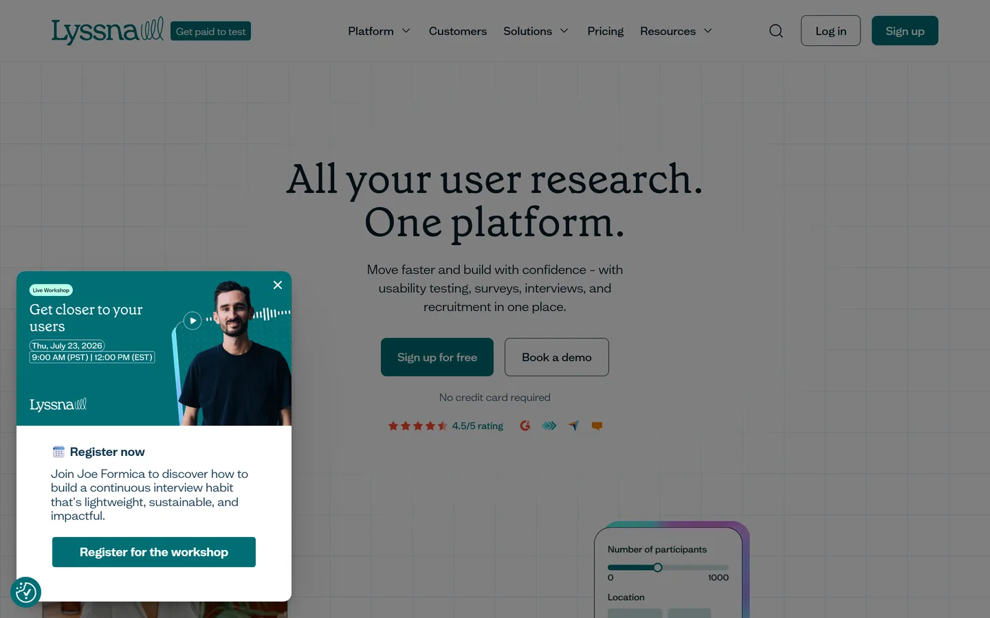 Lyssna homepage — affordable usability testing with a built-in participant panel