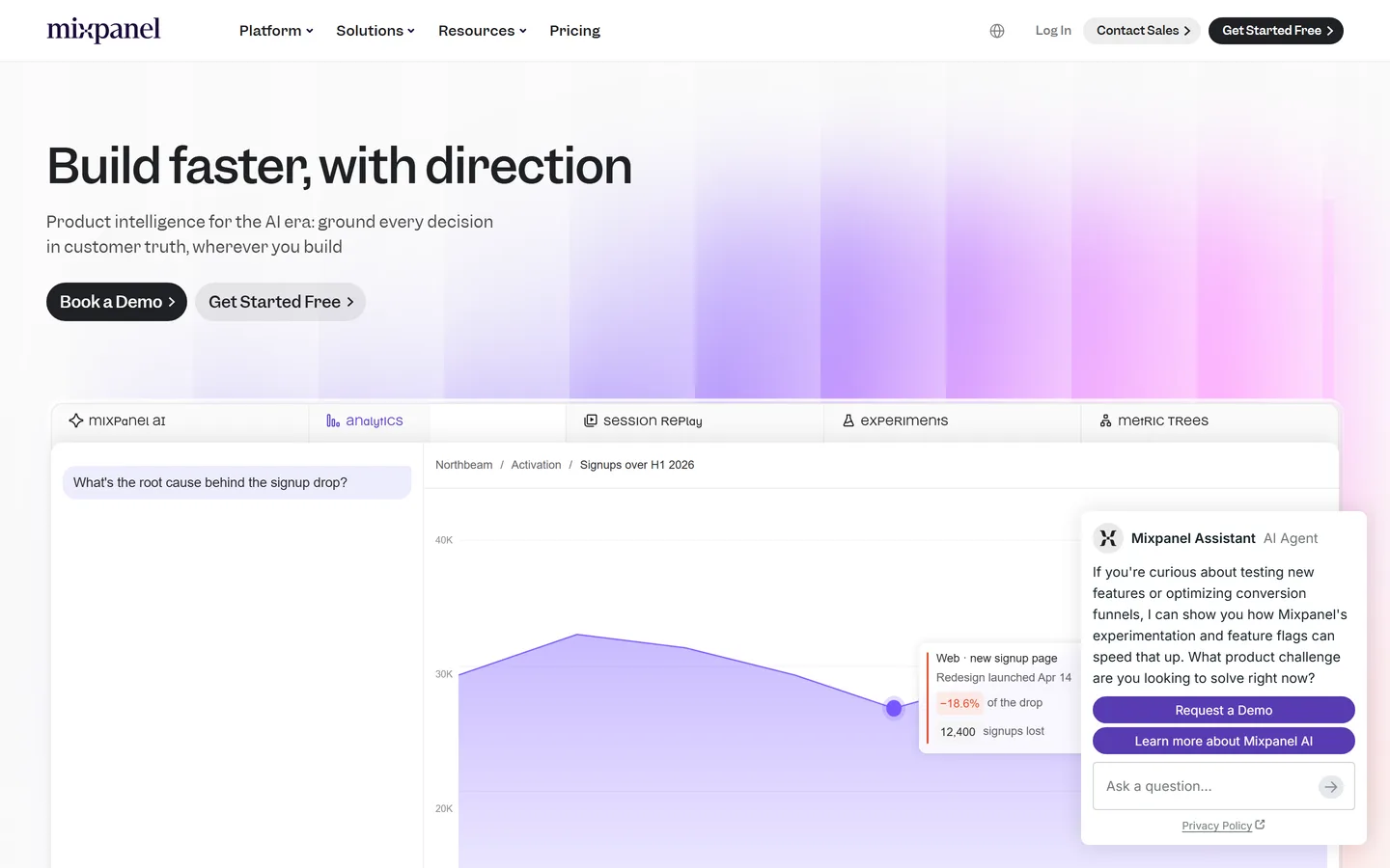 Mixpanel homepage — product analytics with a free plan