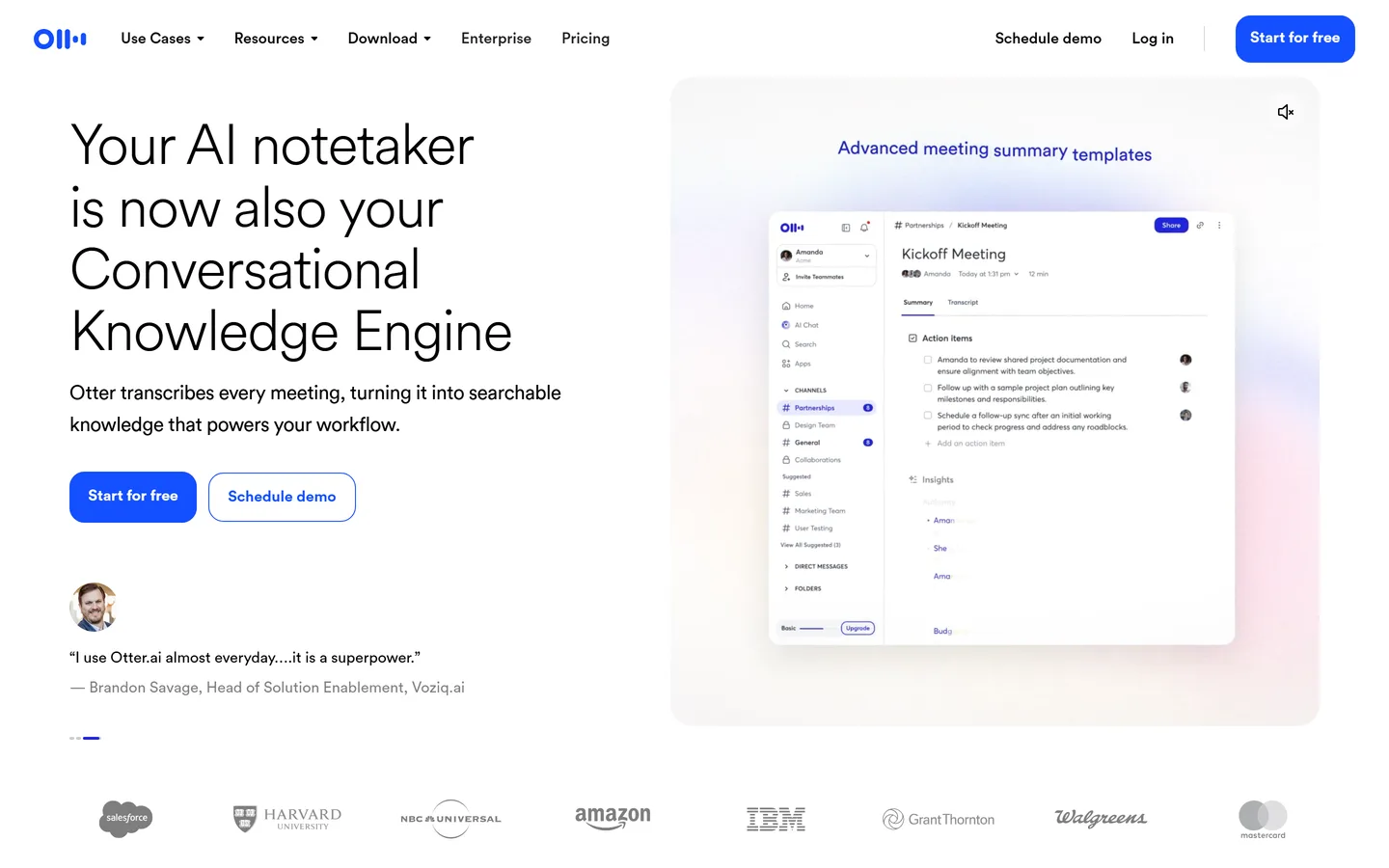Otter.ai homepage — free AI transcription and meeting notes