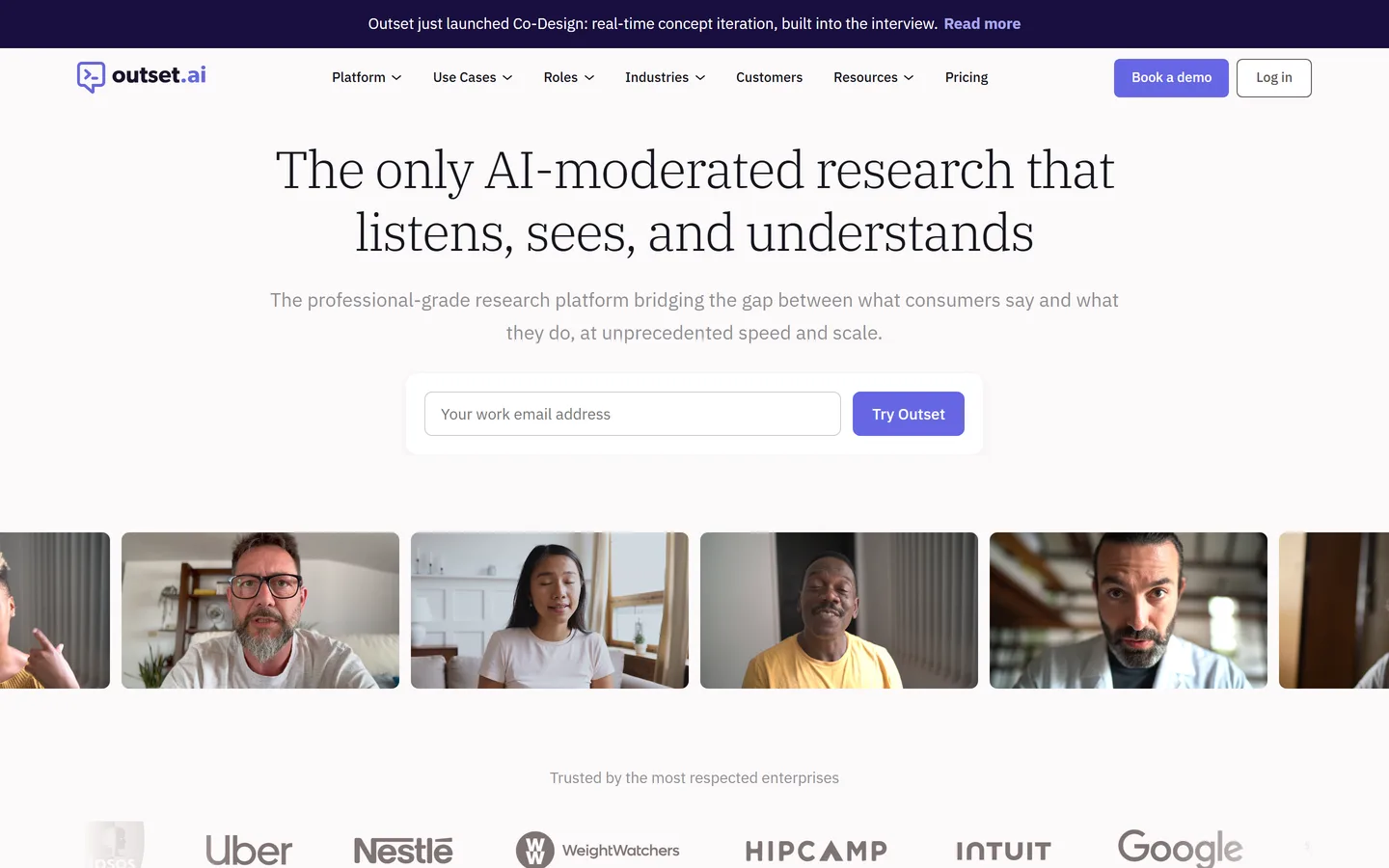 Outset homepage — AI-moderated research platform for interviews and concept tests