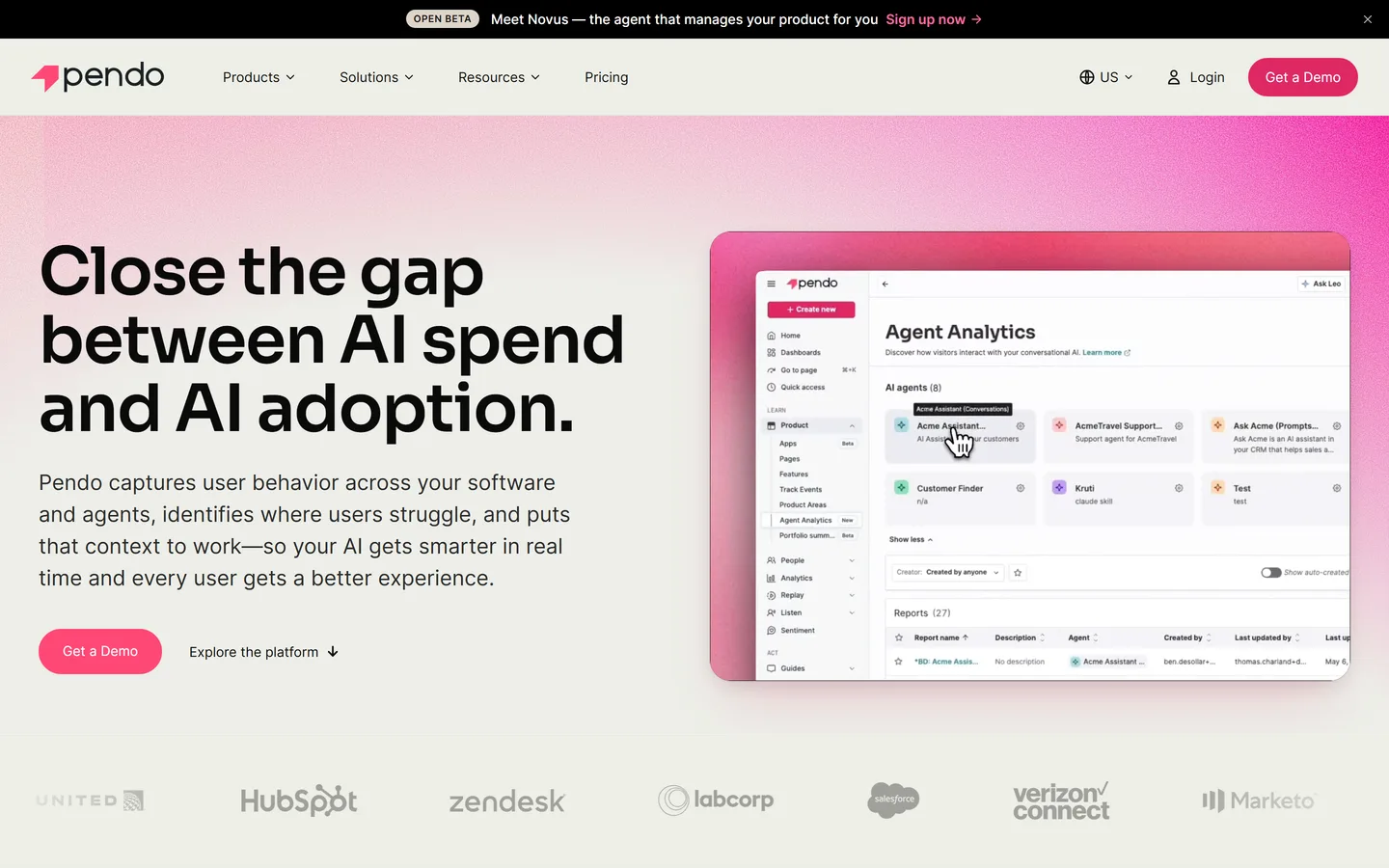 Pendo homepage — product analytics with in-app surveys and guides