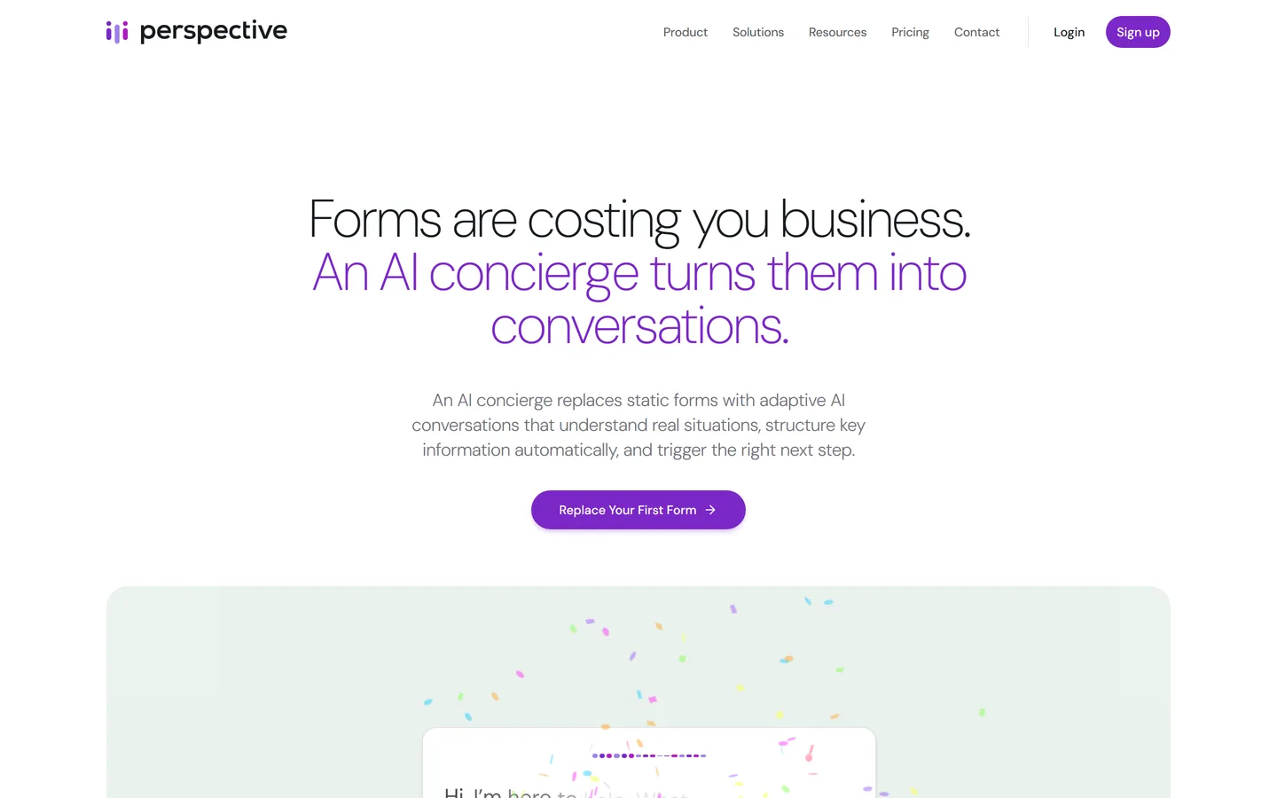 Perspective AI homepage — AI concierge that replaces static forms with conversations