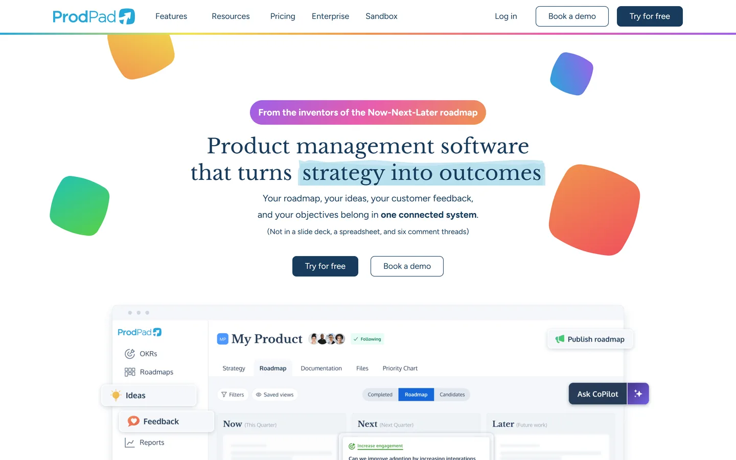 ProdPad homepage — now-next-later prioritization and idea management