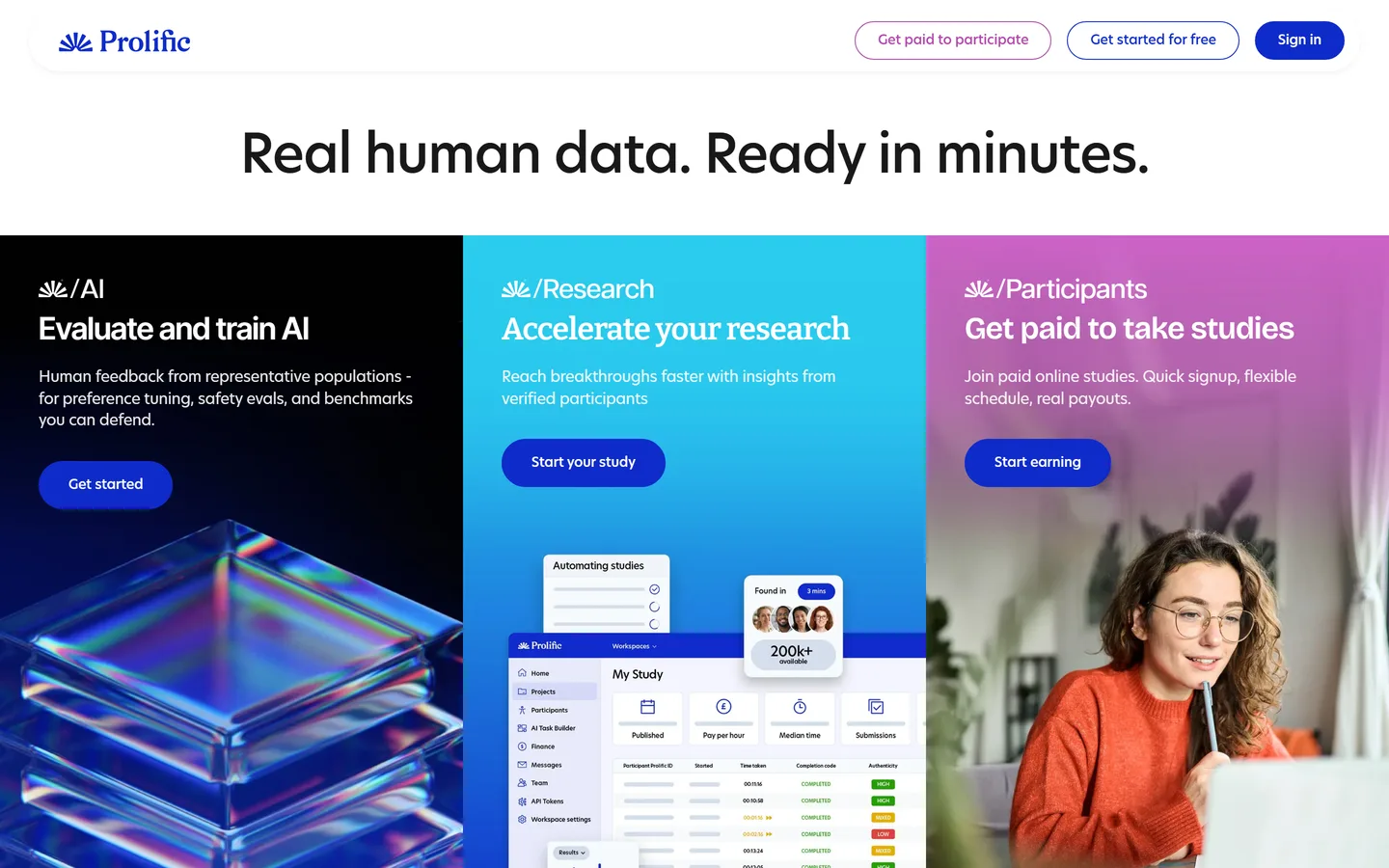 Prolific homepage — vetted participant pool for surveys and user research