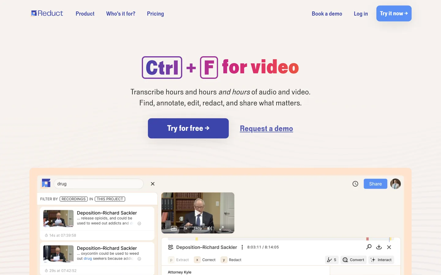 Reduct homepage — analyze research video by searching the transcript