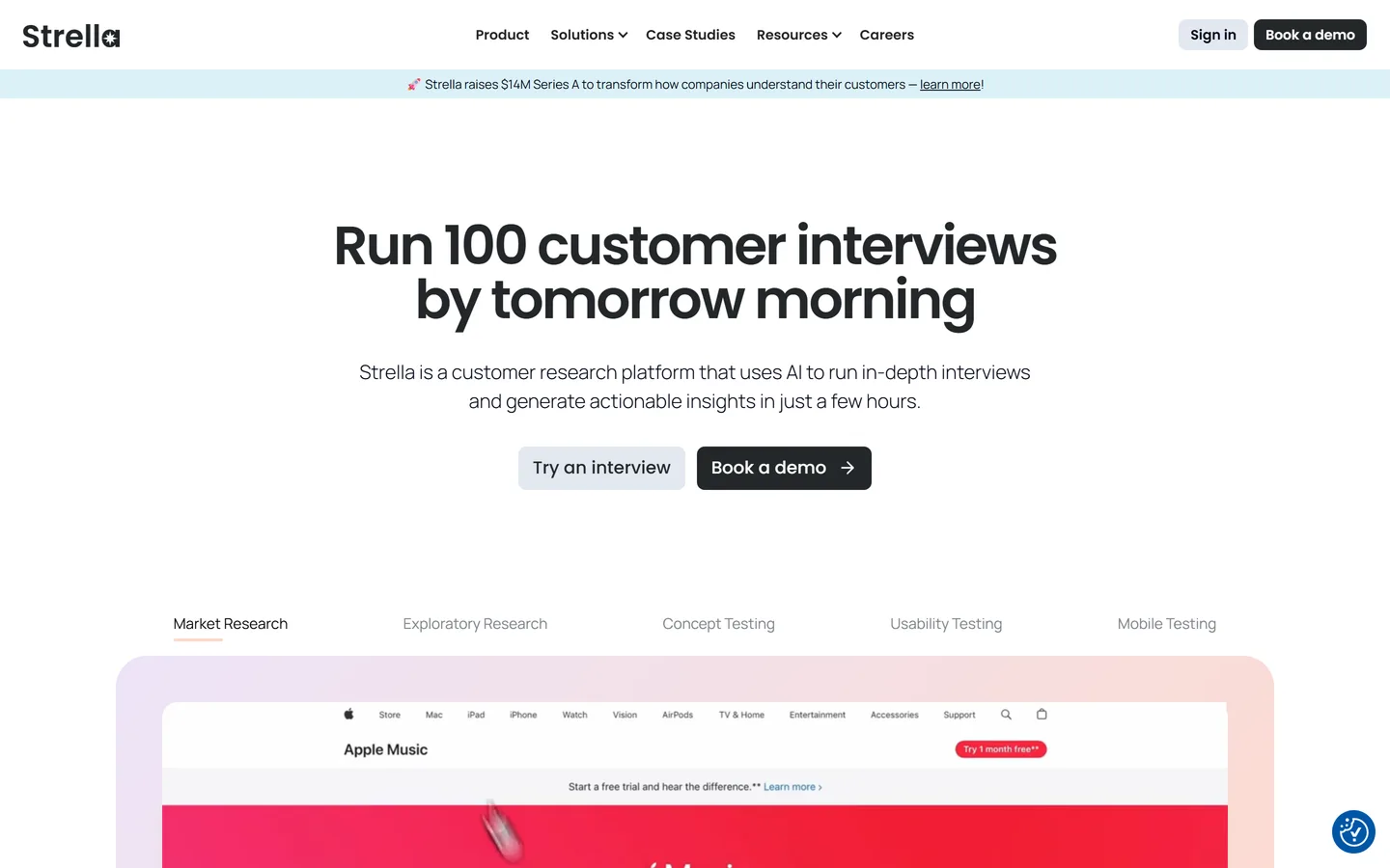 Strella homepage — AI-moderated user interviews with live observation