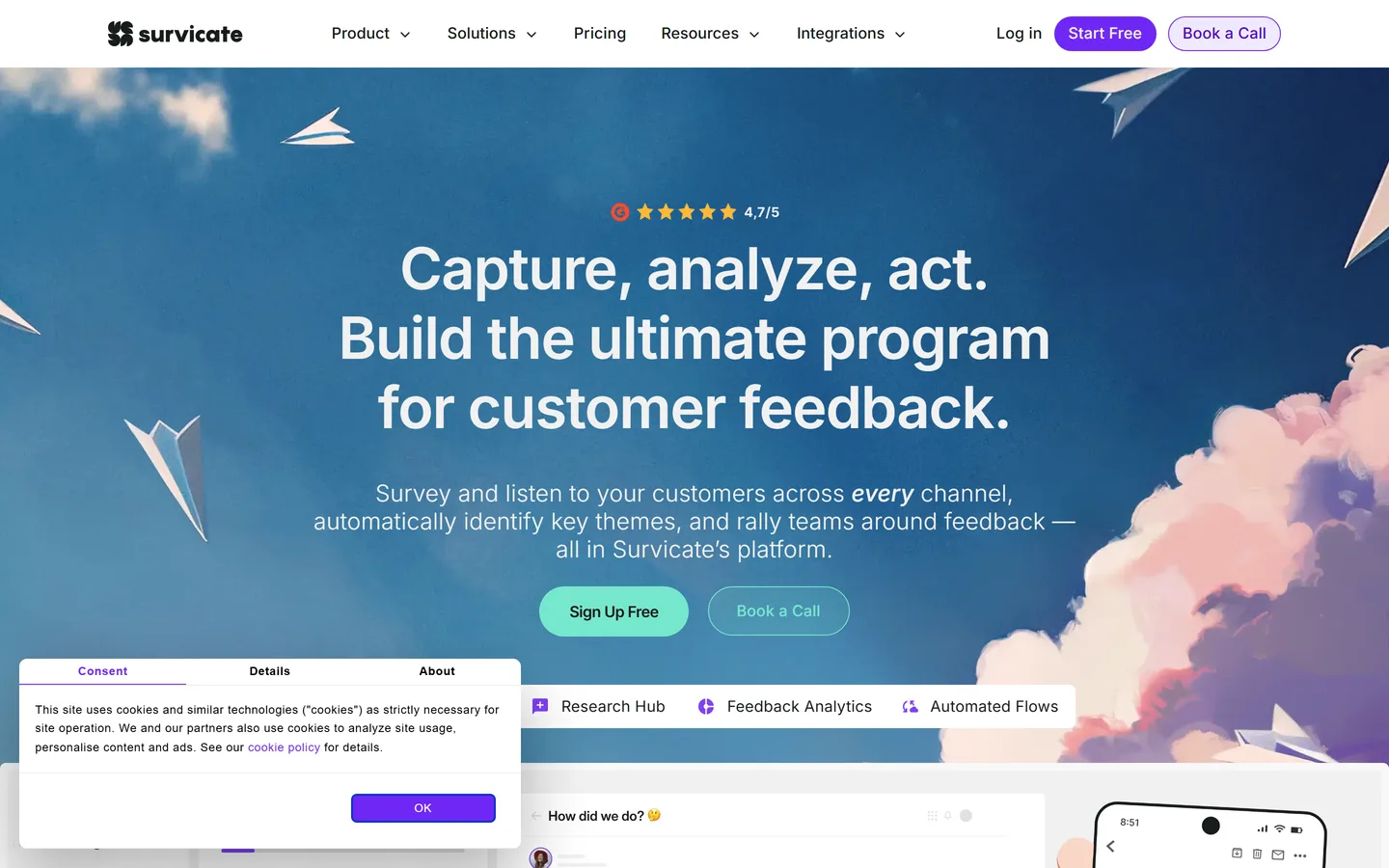 Survicate homepage — multi-channel customer feedback surveys
