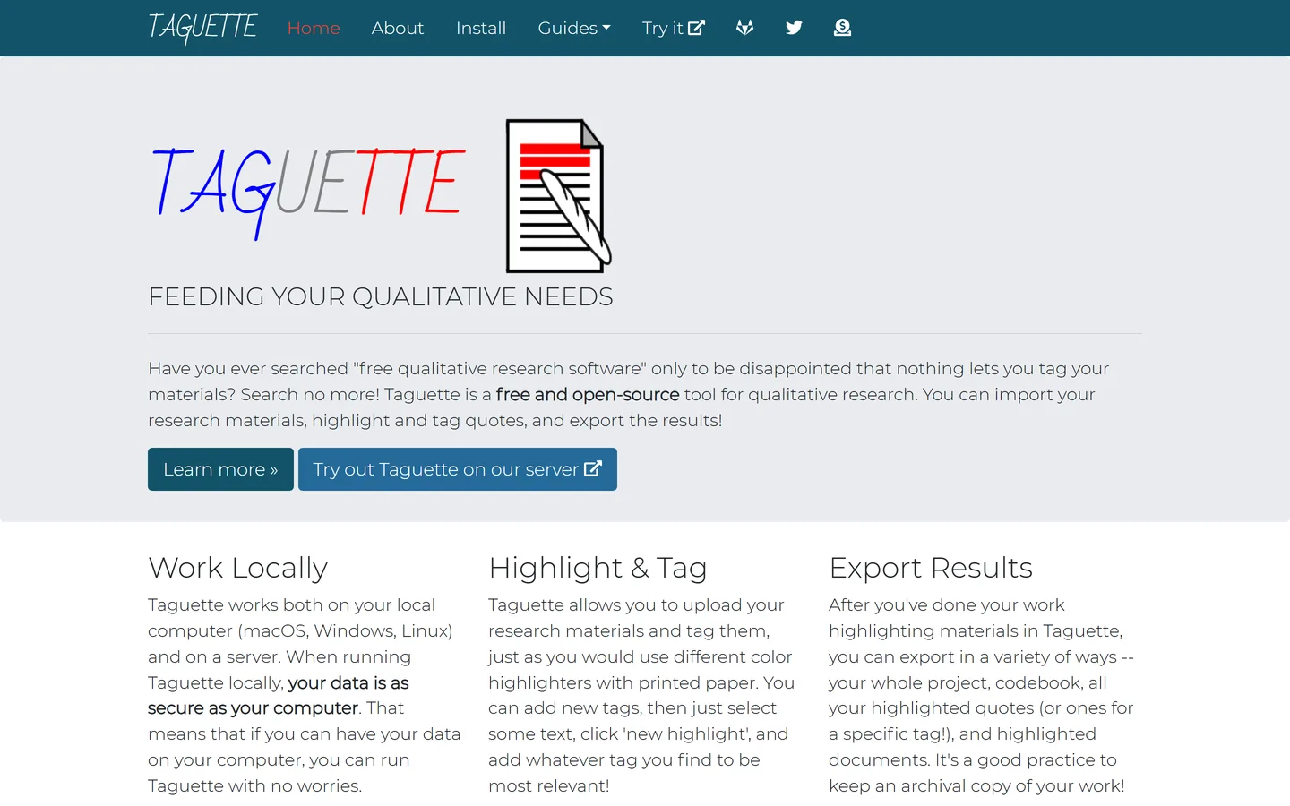 Taguette homepage — free and open-source qualitative research tool