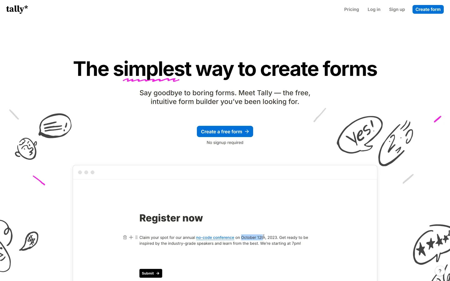 Tally homepage — free form builder with unlimited responses