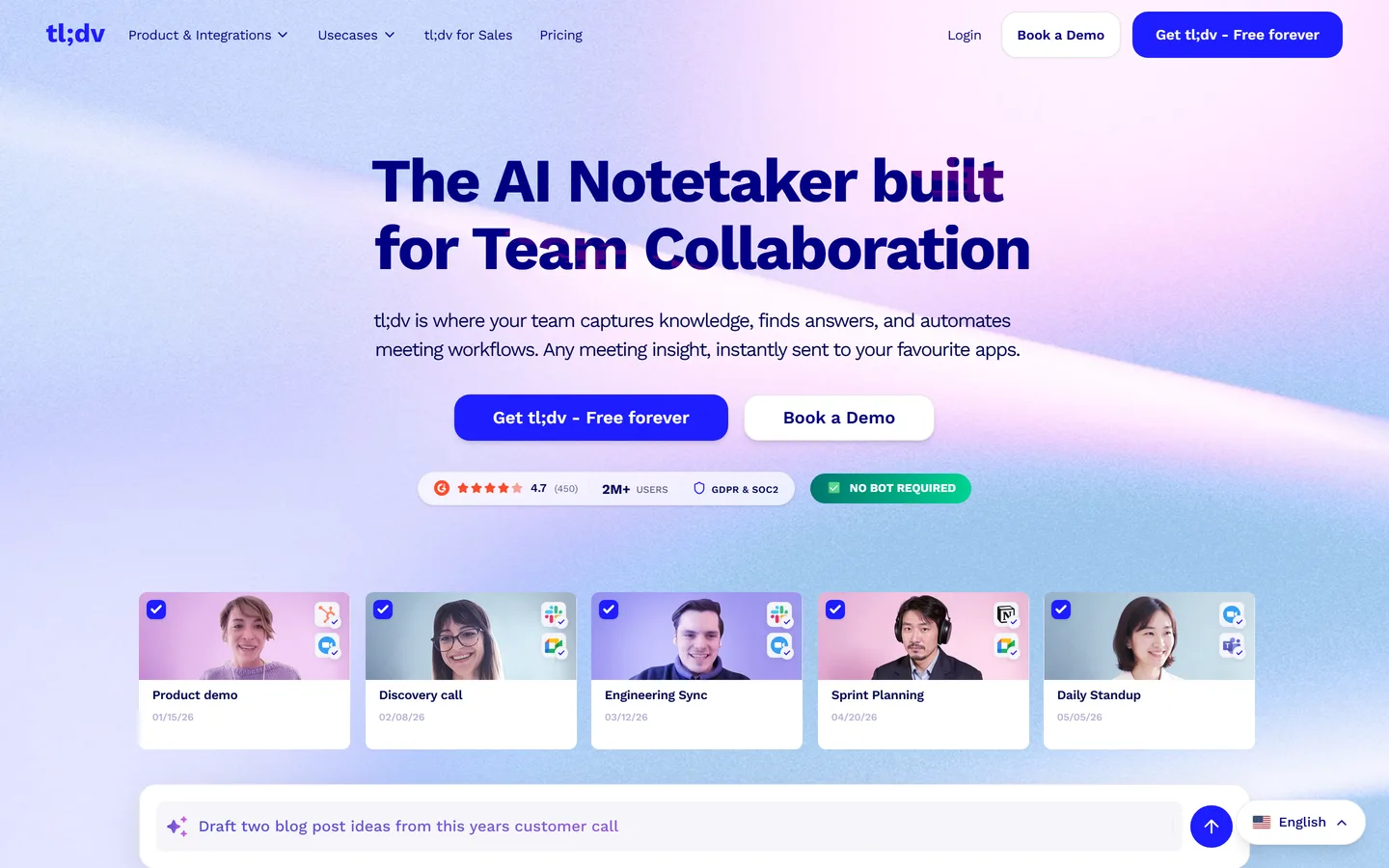 tl;dv homepage — free AI meeting recorder with unlimited recordings