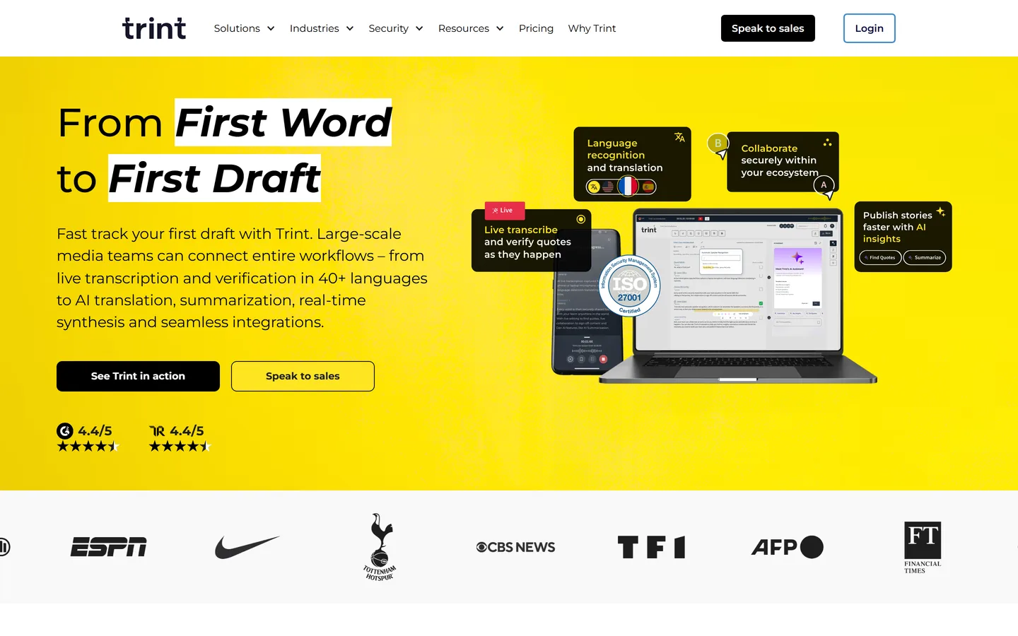 Trint homepage — transcription and editing platform for editorial teams