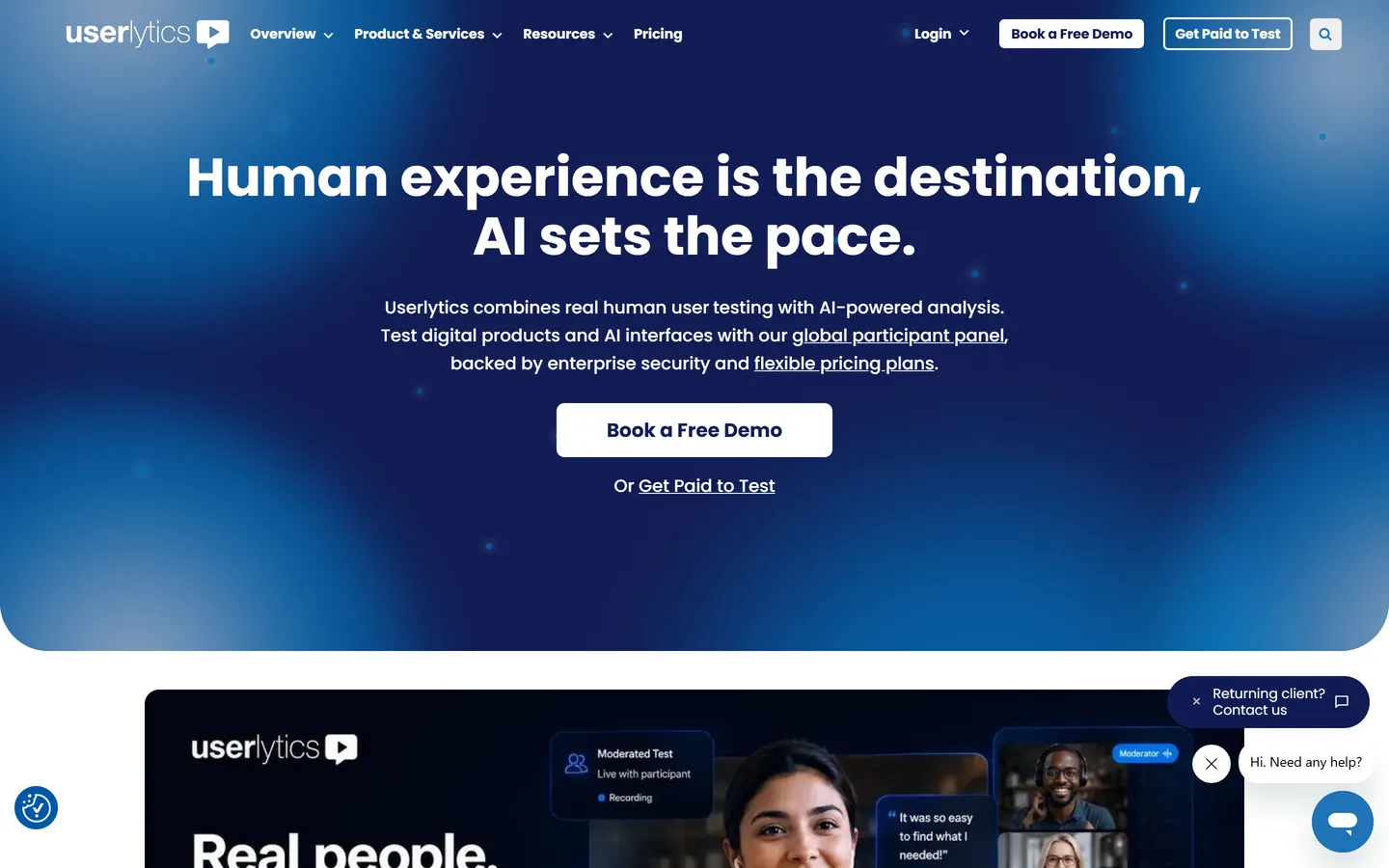 Userlytics homepage — remote user testing platform with a global participant panel