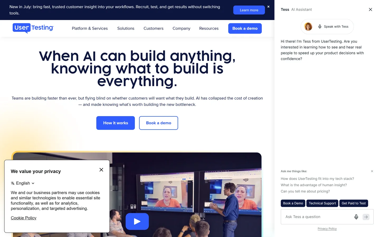 UserTesting homepage — enterprise usability testing platform with a large panel