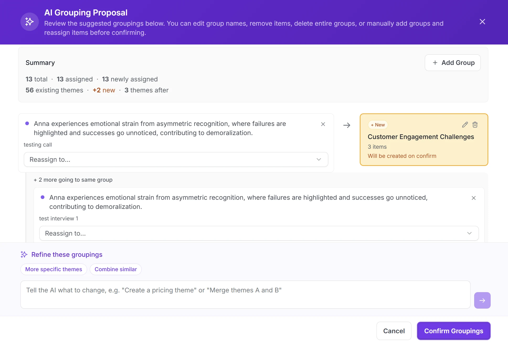 Intervool AI grouping recurring customer insights into evidence-linked themes