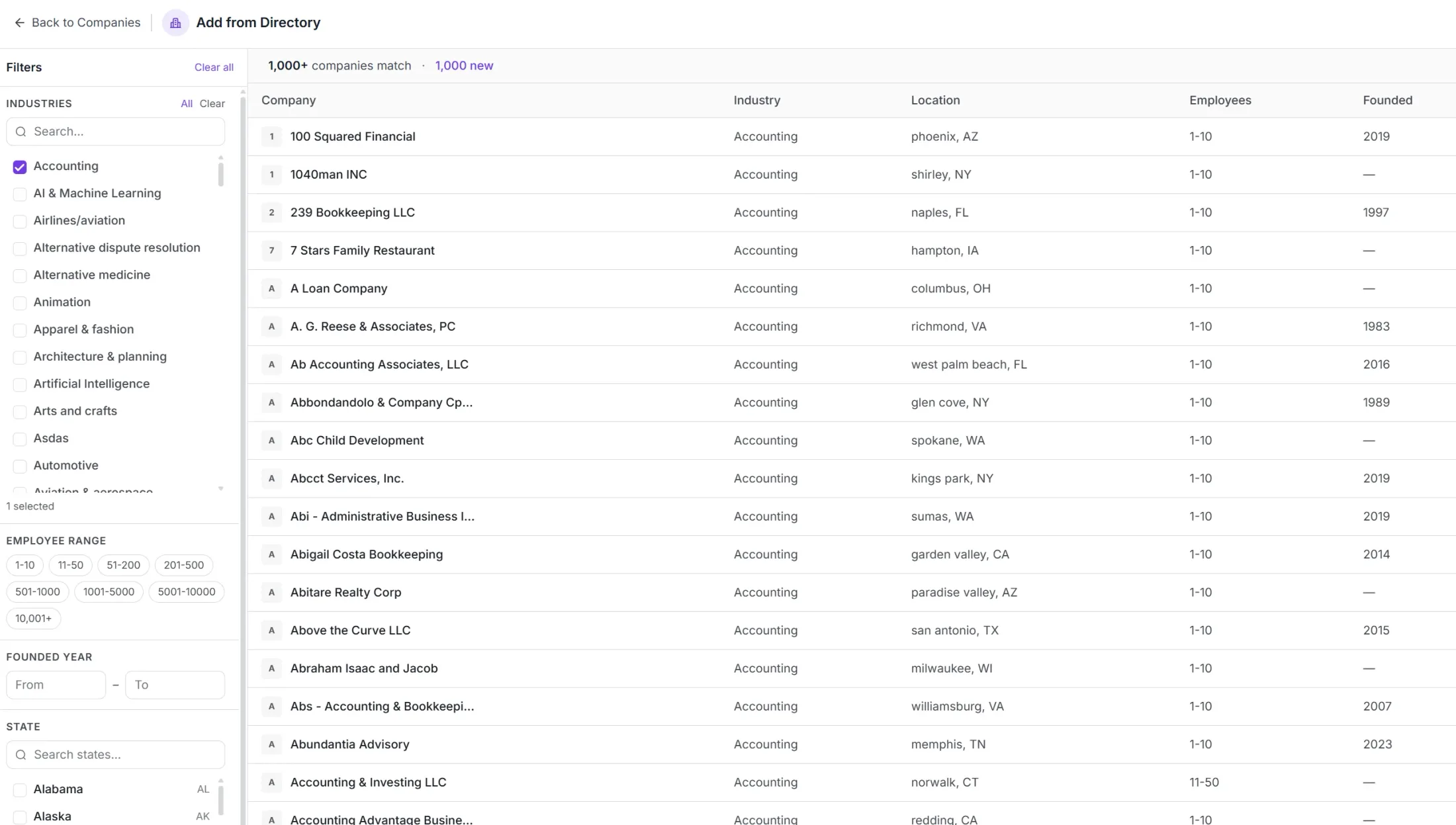 Pull companies into an outbound list from the directory, filtered by industry, size, and location