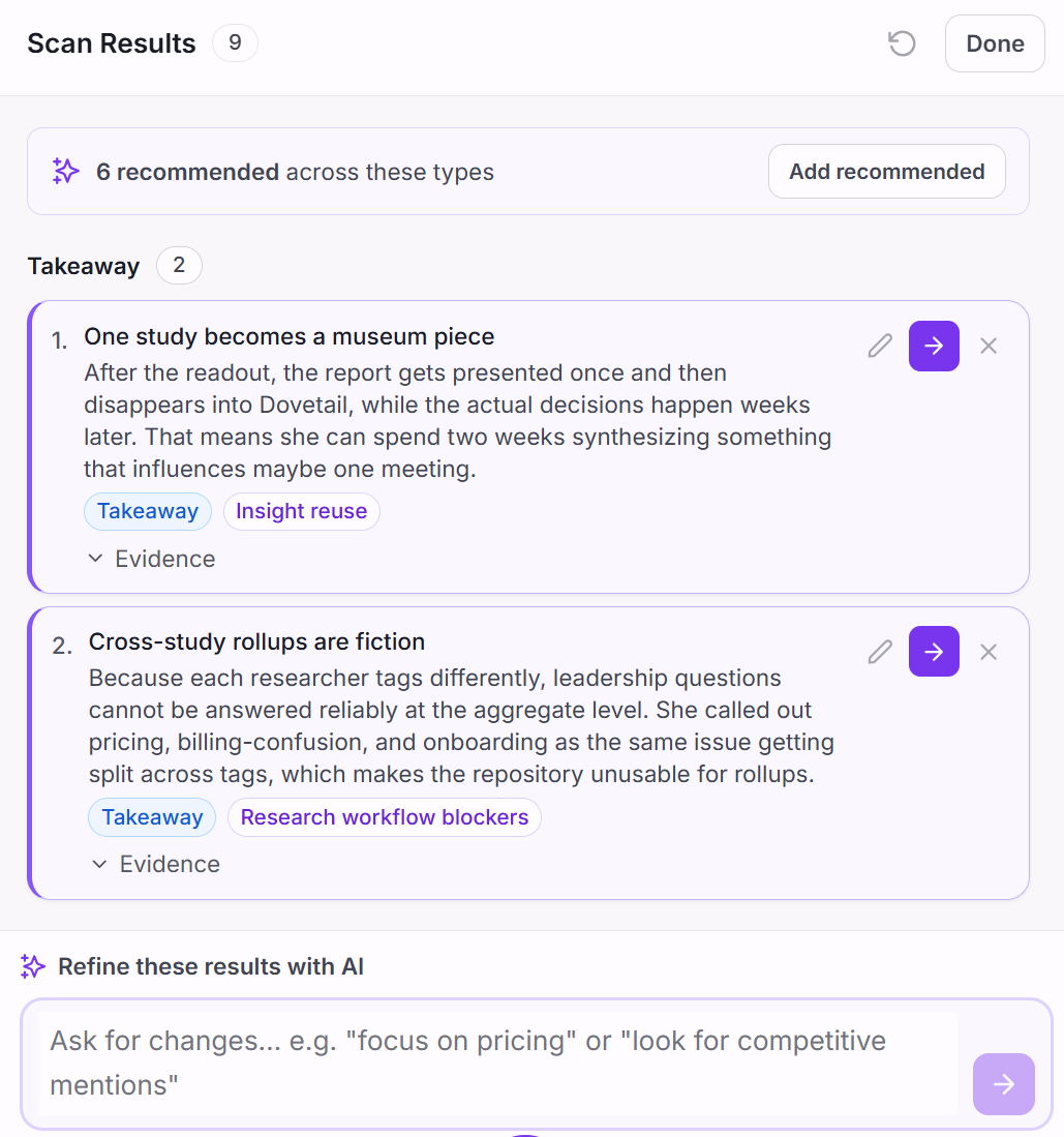 Intervool generating insights — recommended takeaways and pain points to promote, with a box to refine the results with AI