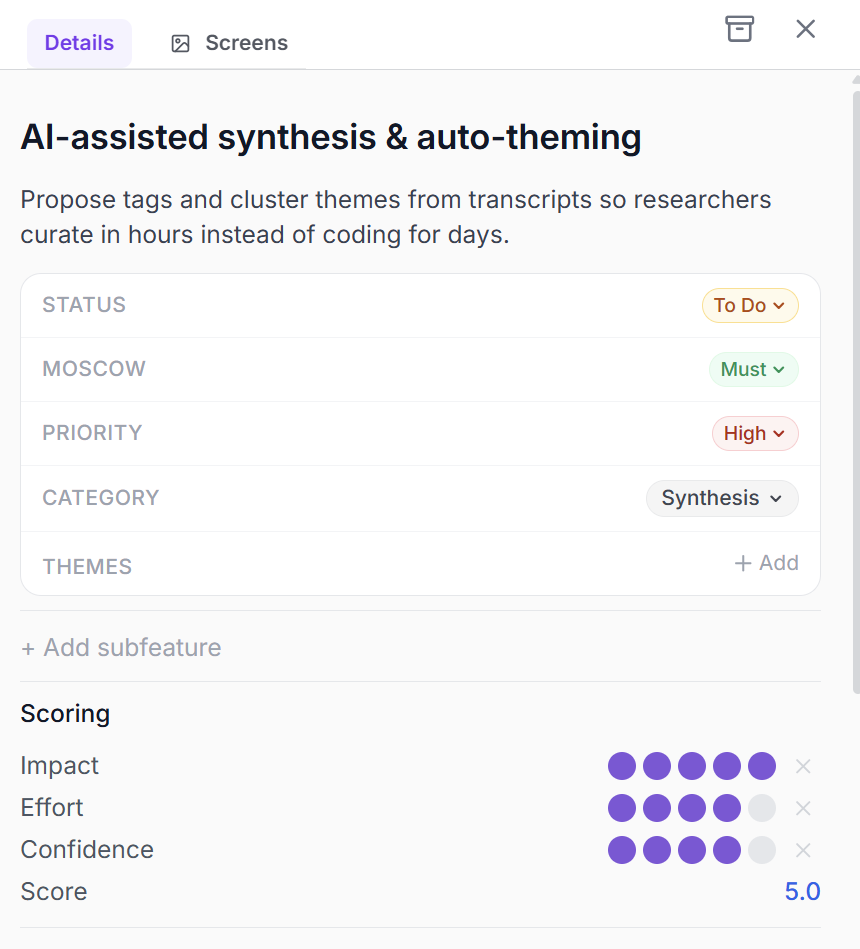 Idea details with custom attributes and linked customer evidence