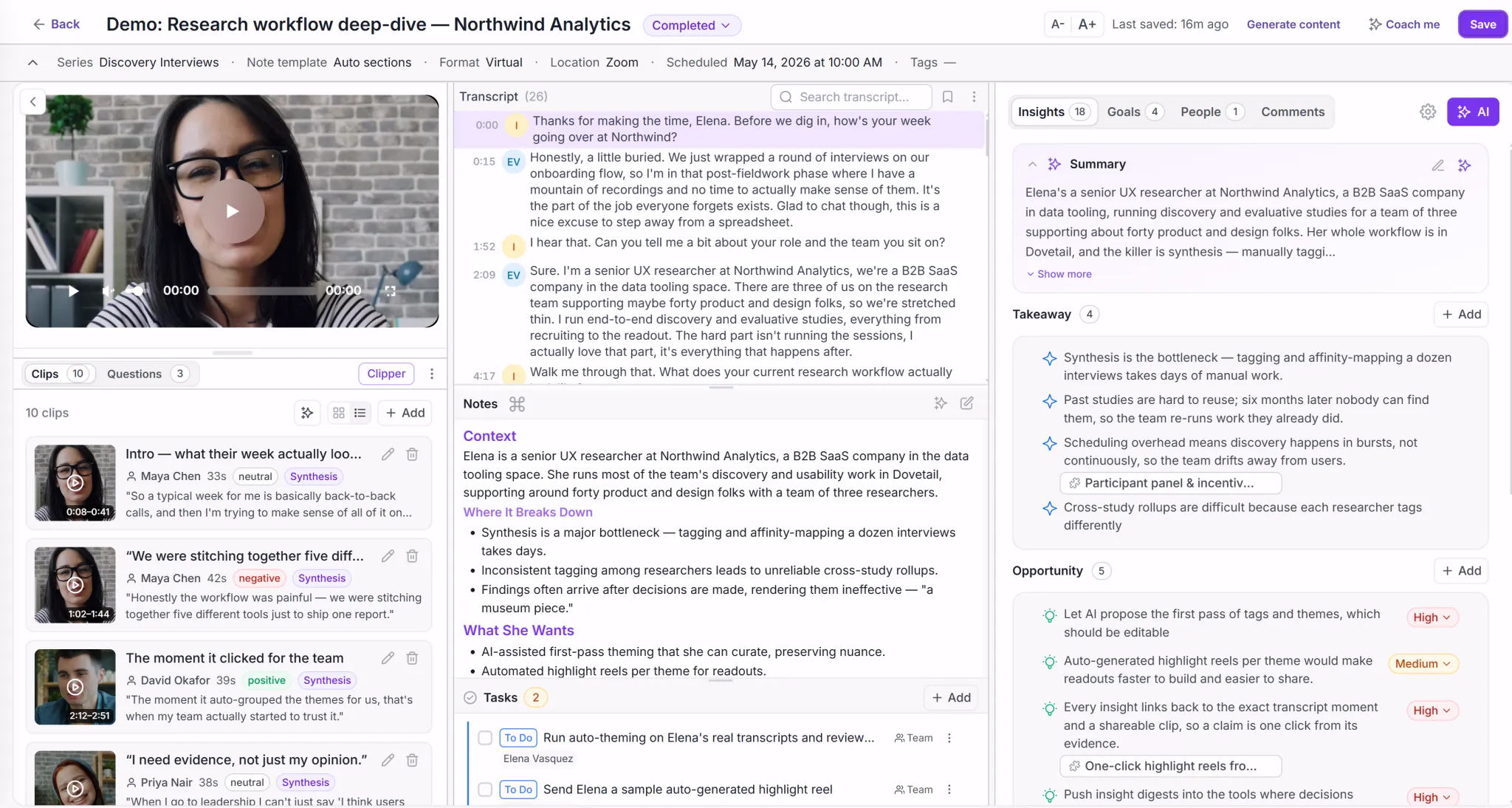 Intervool interview detail — call video, full transcript, clips, notes, tasks, and AI-generated insights
