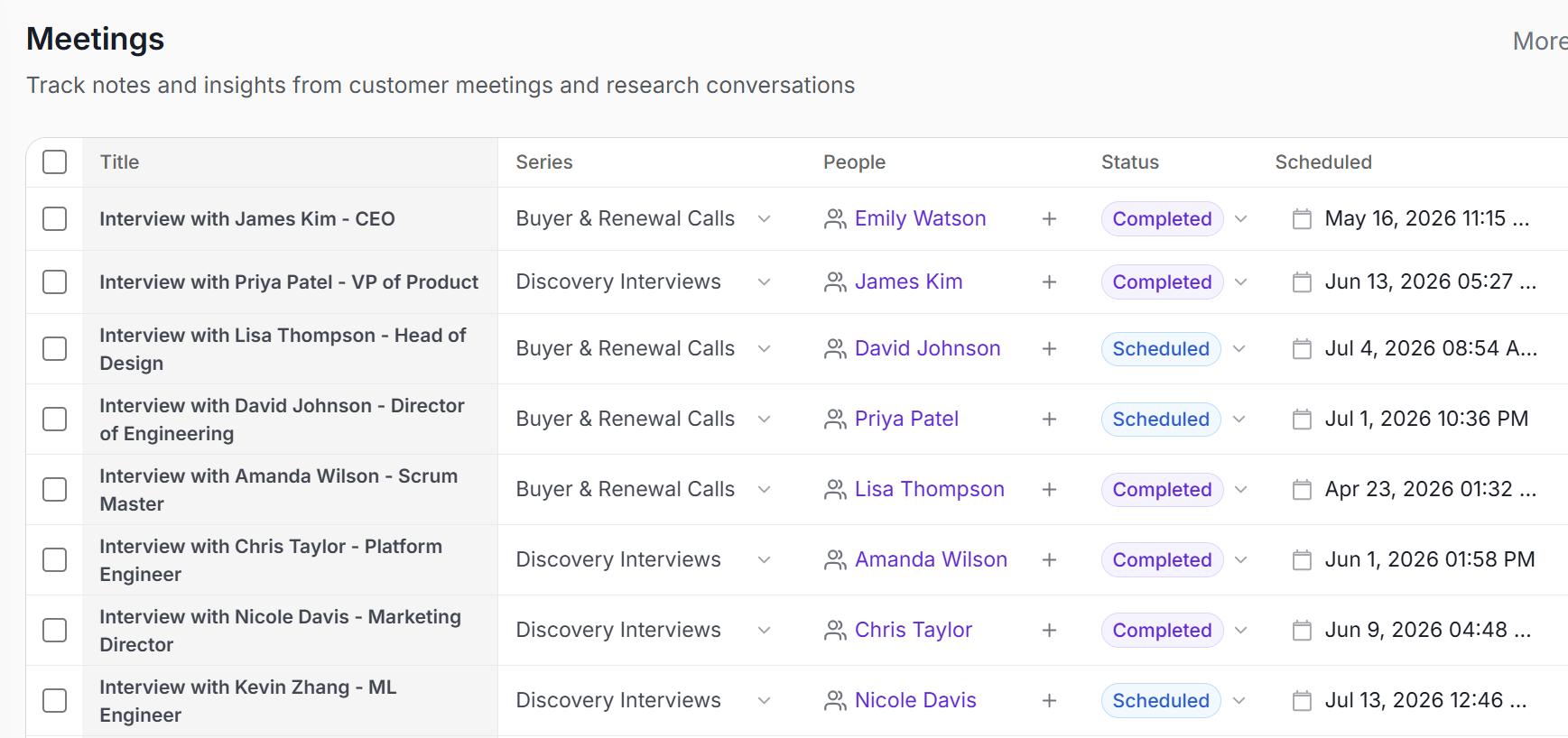 Intervool interview library listing every recorded customer interview with status and focus