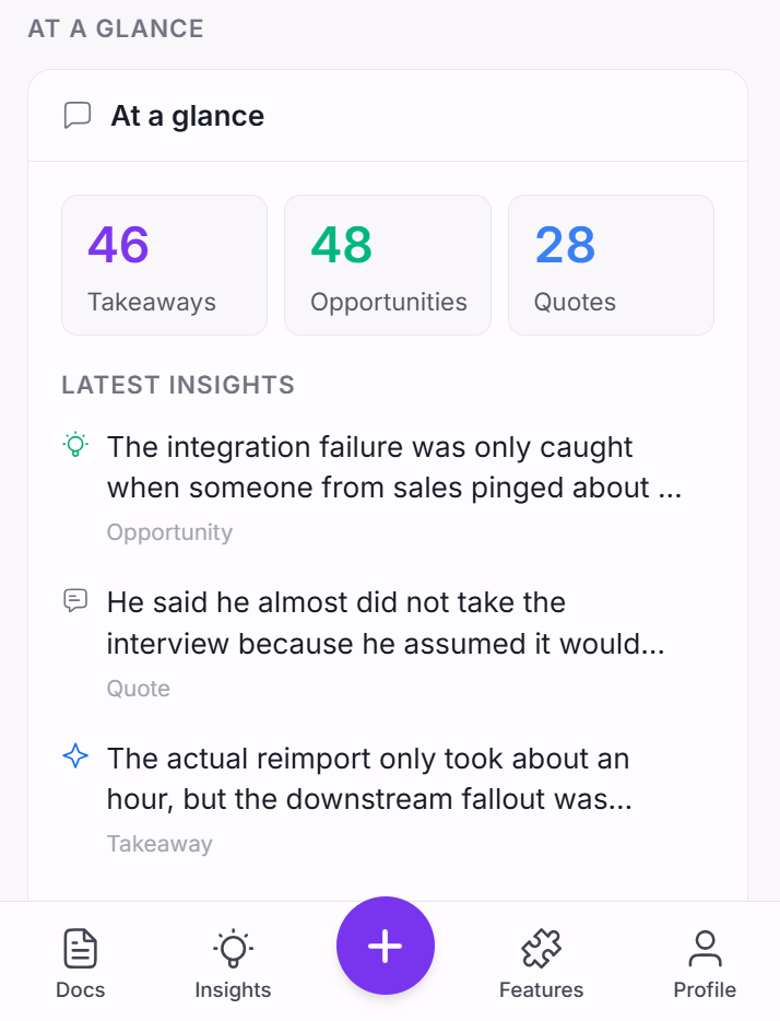 Intervool mobile at-a-glance view — takeaway, opportunity, and quote counts with latest insights