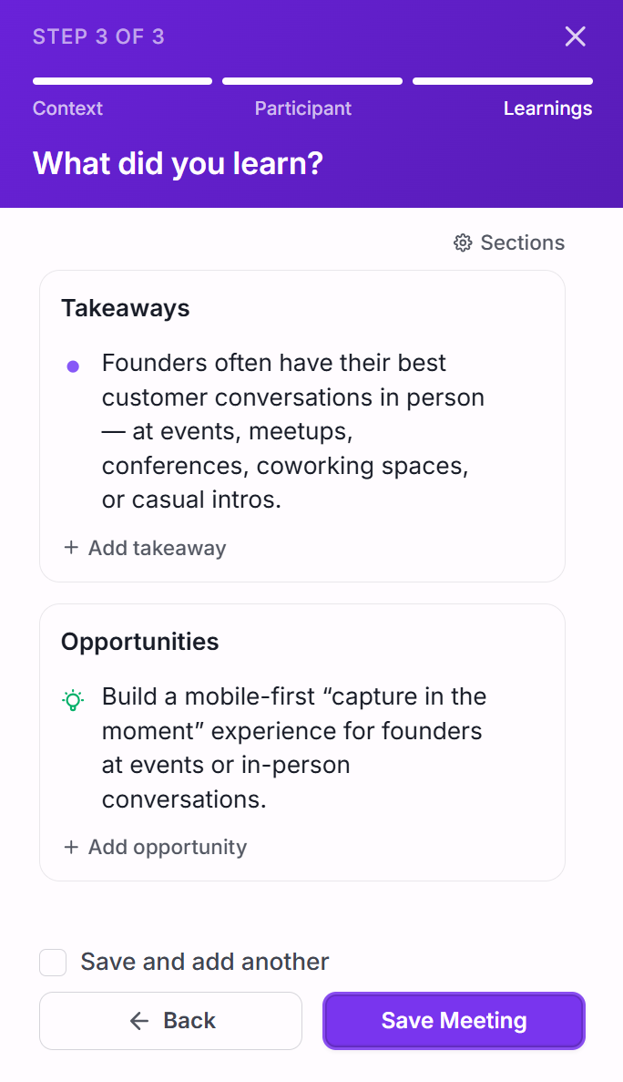 Intervool mobile quick-add — 'What did you learn?' step with takeaways and opportunities