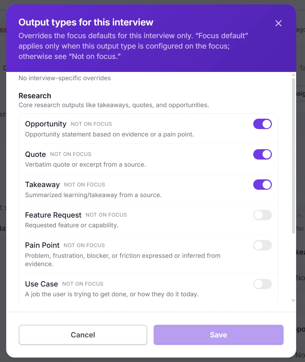 Intervool output types — choosing which insight types each interview should produce, with a plain-English prompt tailoring each one