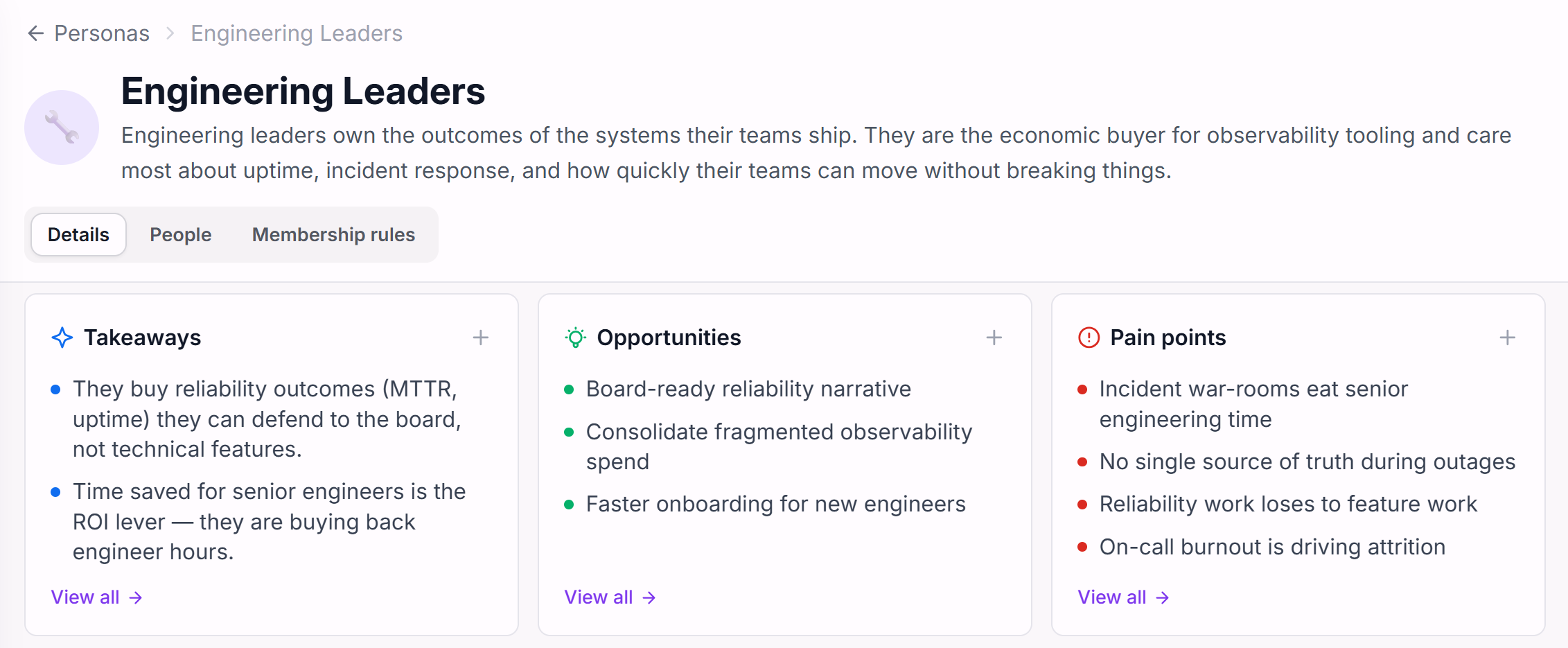 Intervool persona detail — Engineering Leaders with AI-generated takeaways, opportunities, and pain points, each linked to the interviews behind them