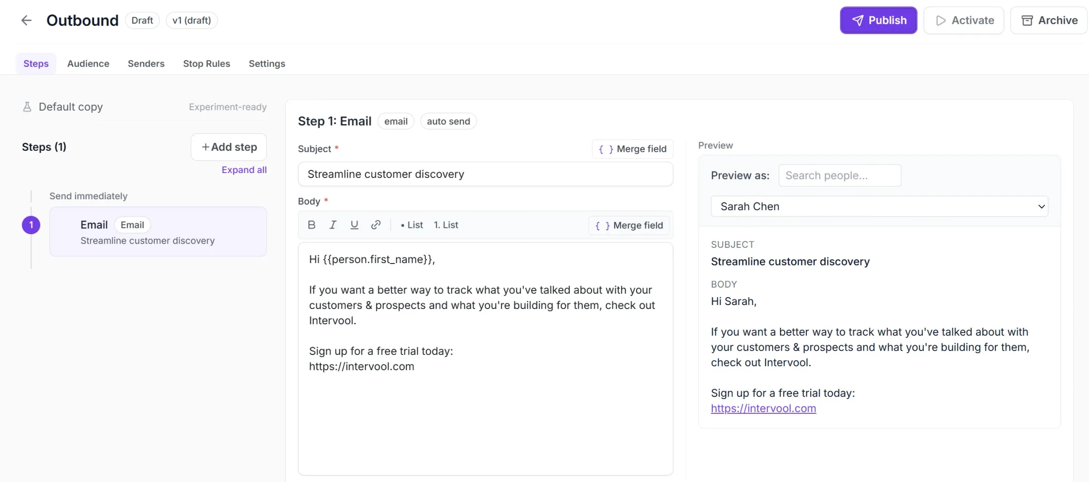 Intervool sequence builder — steps, audience, senders, stop rules