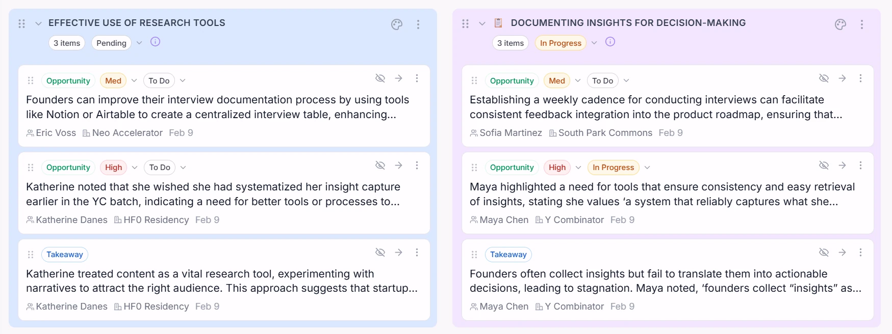 Intervool theme board — insights grouped into themes across interviews