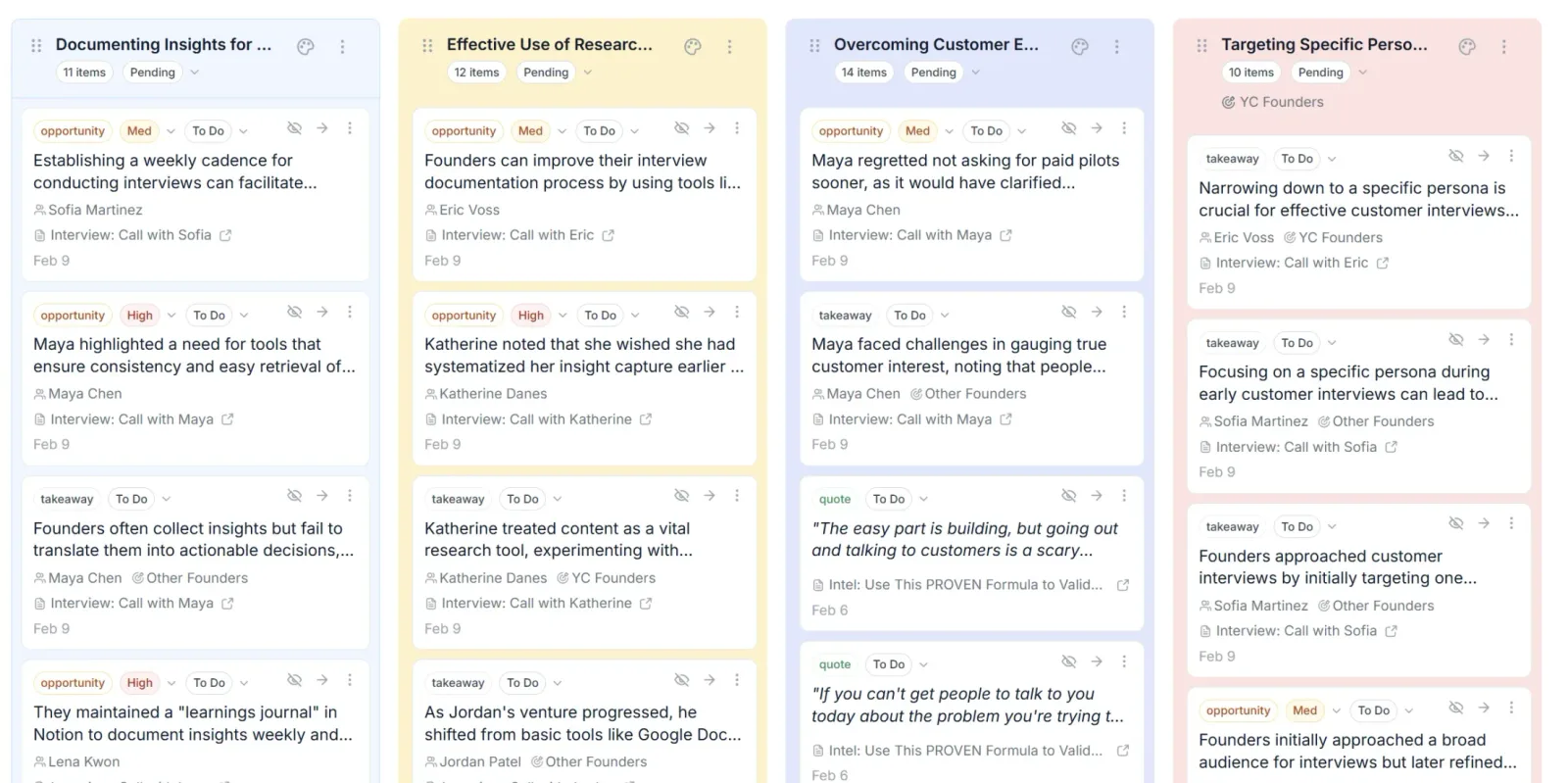 Intervool theme board showing recurring themes across customer interviews with supporting evidence