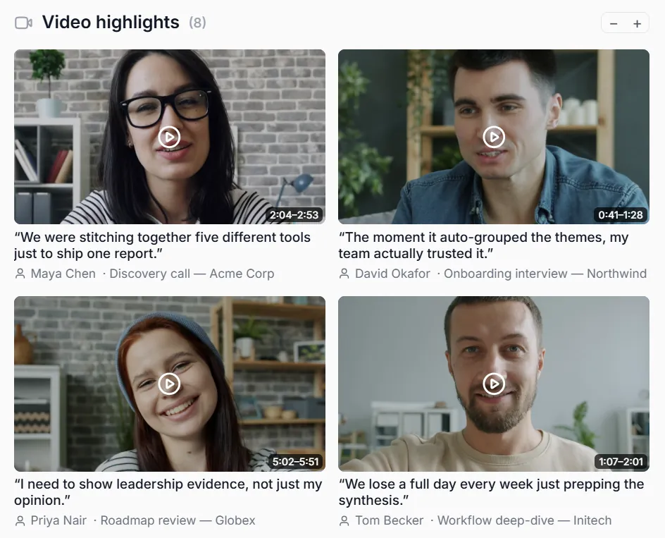 Intervool video clips — call moments grouped into a gallery, each with the quote, speaker, and timestamp it came from